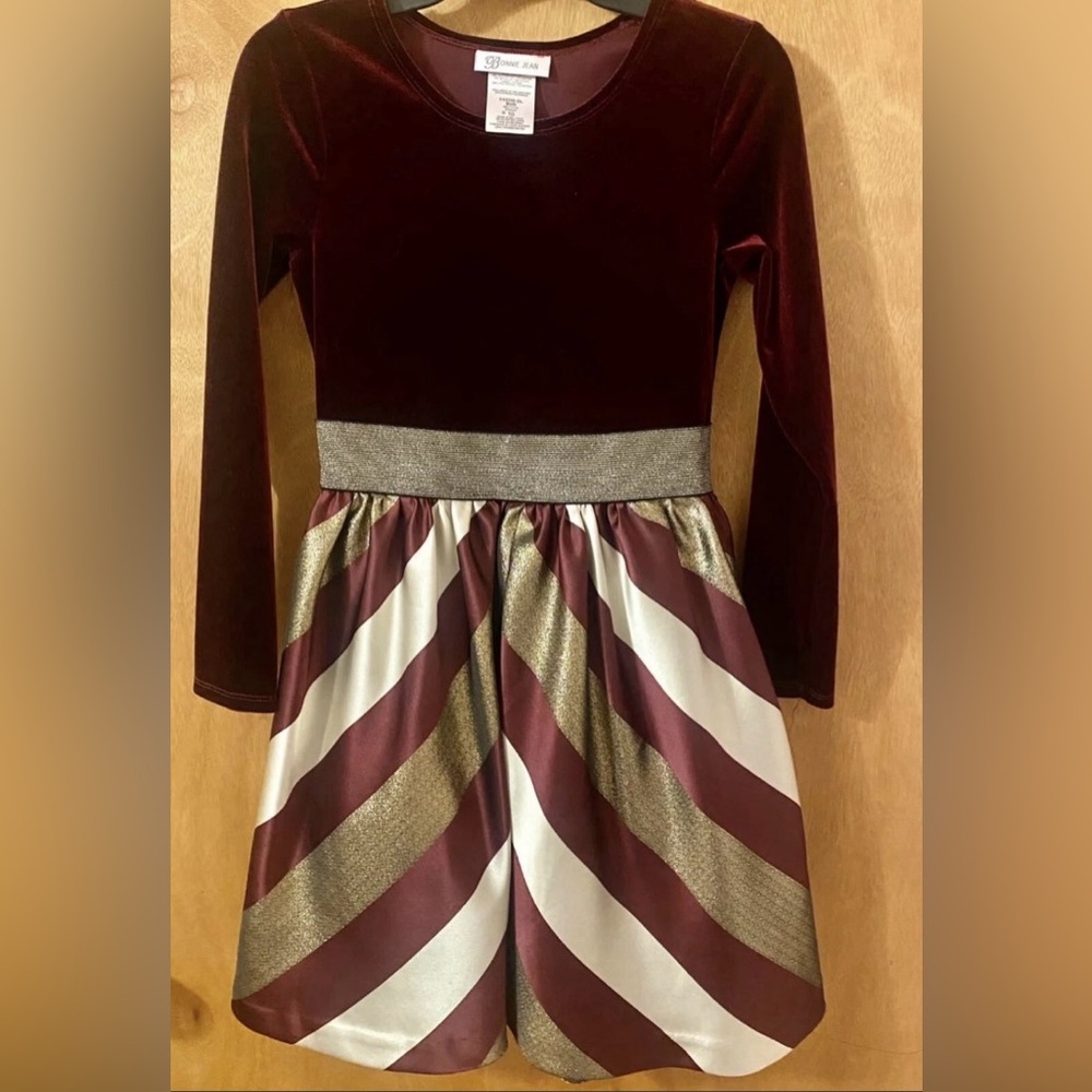 Bonnie Jean Burgundy and Gold Striped Formal Holiday Dress- Size 10